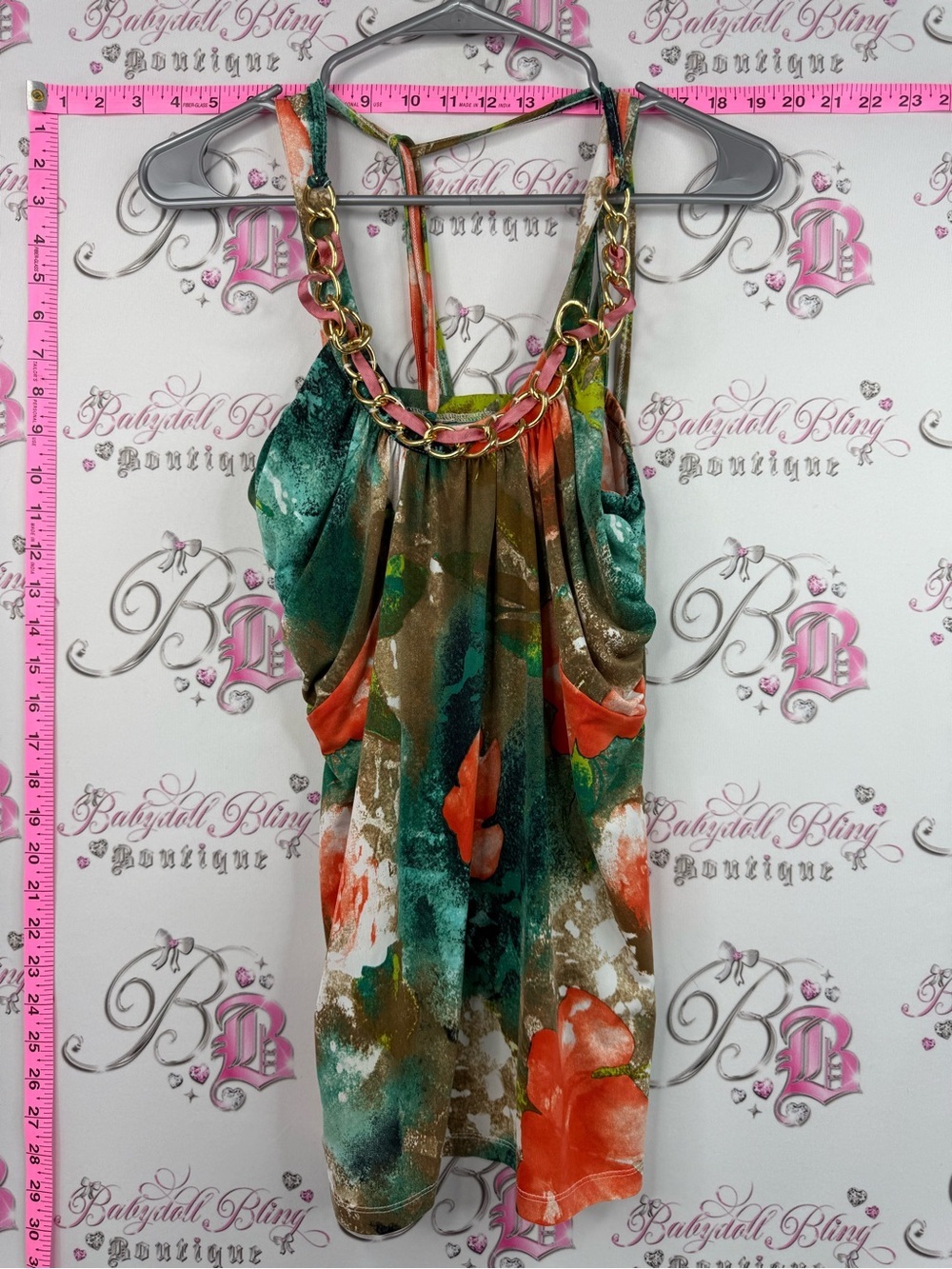 Y2k tank top halter chain Green & Coral Floral Chain-Accent Halter Top